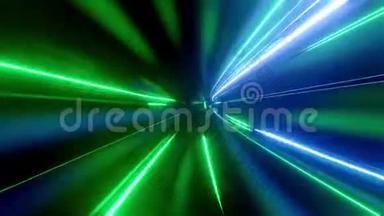带有霓虹灯的4k环形抽象高<strong>科技</strong>隧道，摄像机穿过隧道，<strong>蓝</strong>色绿色霓虹灯闪烁。 Sci
